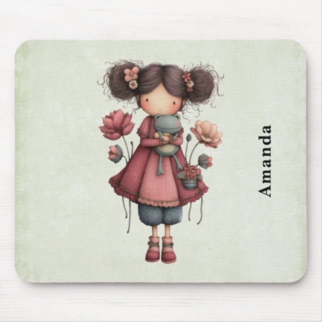 Girl with A Frog Doll Cute Whimsical Mouse Pad (Front)