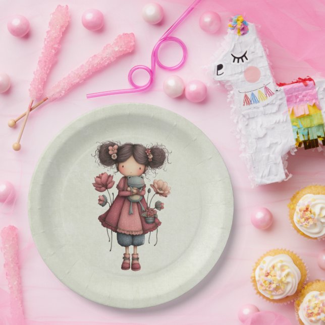 Girl with A Frog Doll Cute Whimsical Paper Plate (Party)
