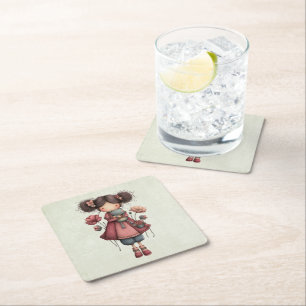 Girl with A Frog Doll Cute Whimsical Square Paper Coaster