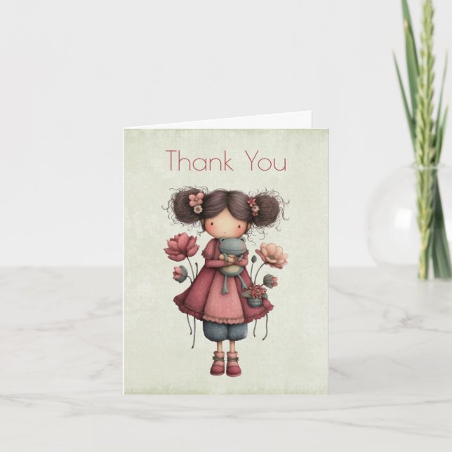 Girl with A Frog Doll Cute Whimsical Thank You Card (Front)