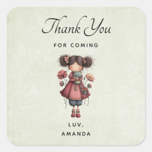 Girl with A Frog Doll Cute Whimsical Thank You Square Sticker
