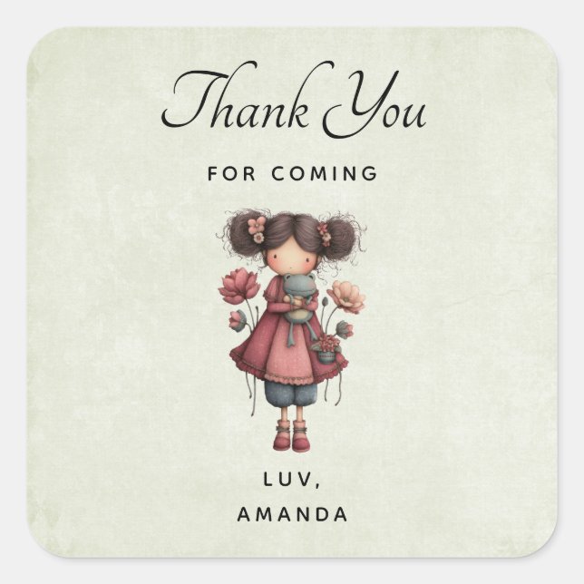 Girl with A Frog Doll Cute Whimsical Thank You Square Sticker (Front)