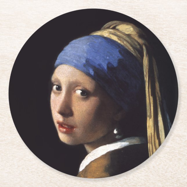 Girl With A Pearl Earring by Johannes Vermeer Round Paper Coaster (Front)