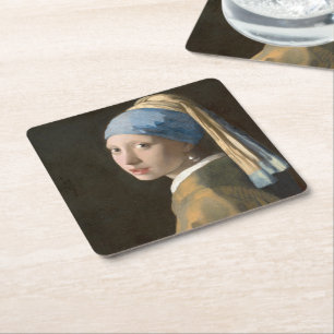 Girl with a pearl earring square paper coaster