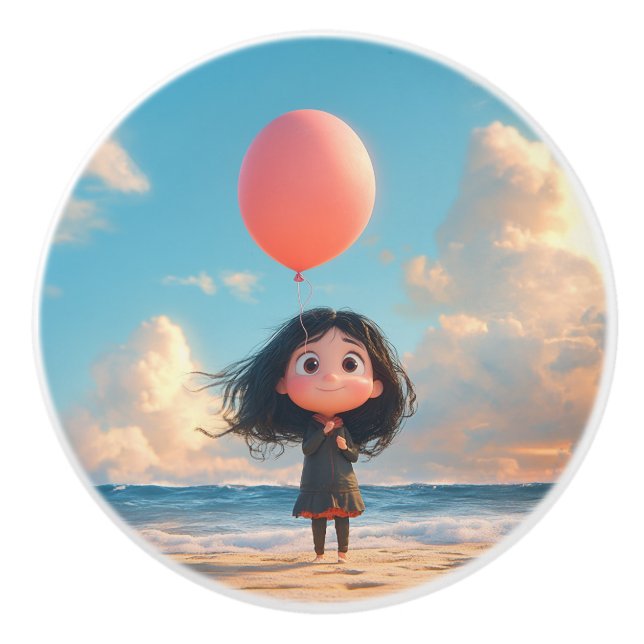 Girl with a Red Balloon at Sunset Beach Ceramic Knob (Front)