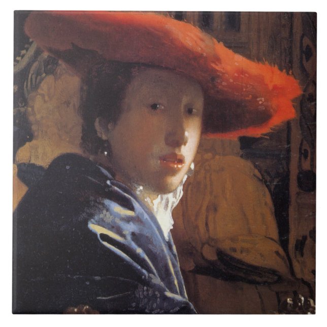 Girl with a Red Hat, c.1665 (oil on panel) Tile (Front)