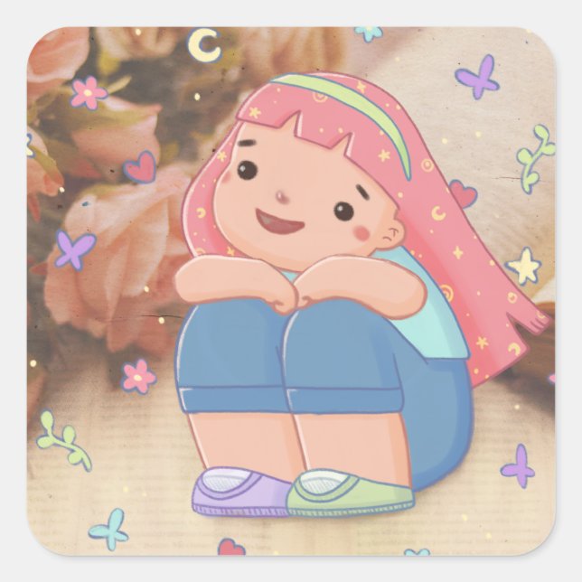 Girl with A Smile Illustration Square Sticker (Front)