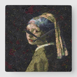 Girl With A Strawberry Earring Fine Art Spoof  Square Wall Clock