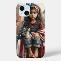 Girl With American Flag And Kitten