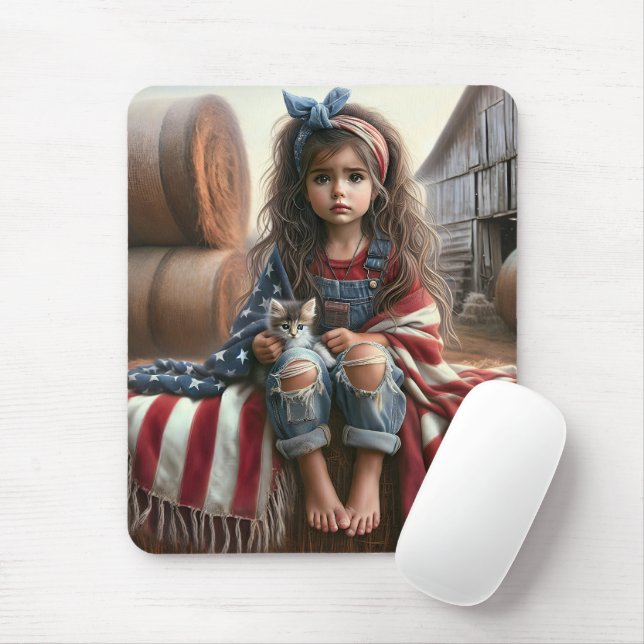 Girl With American Flag And Kitten Mouse Pad (With Mouse)