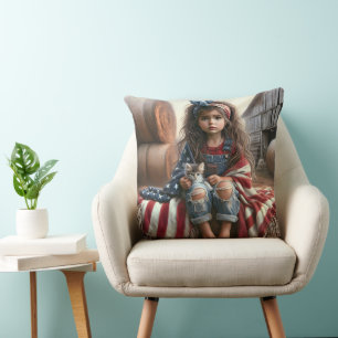 Girl With American Flag Birthday Cushion
