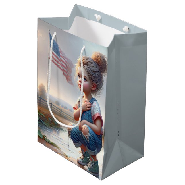 Girl With American Flag Medium Gift Bag (Front Angled)