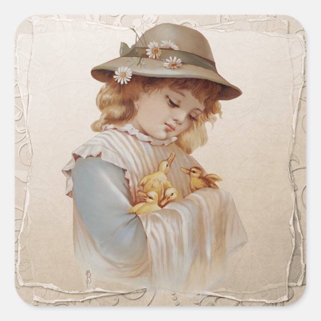 Girl with Baby Ducks Square Sticker (Front)