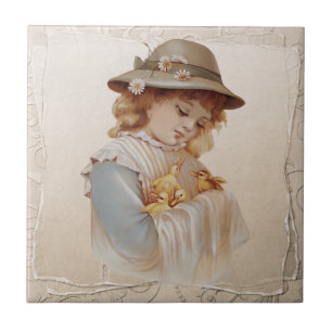 Girl with Baby Ducks Tile