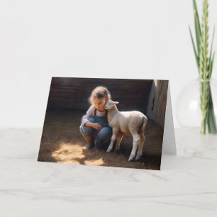 Girl With Baby Lamb For Birthday Card