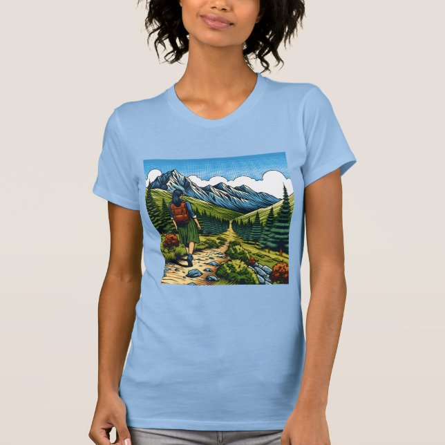 Girl with Backpack Hiking a Nature Trail T-Shirt (Front)