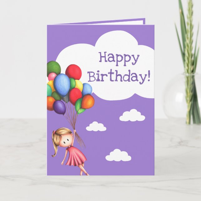 Girl with Balloons Purple Happy Birthday Card (Front)