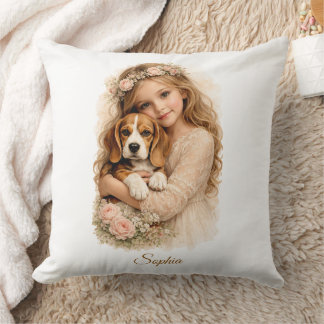 Girl with Beagle Puppy Cushion