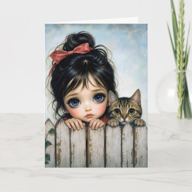 Girl with Big Eyes and Pet Cat Card (Front)
