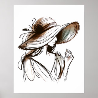 Girl With Big Hat - Minimalist Line Art Poster