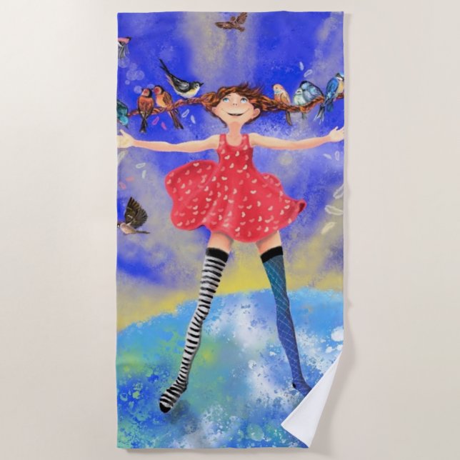 Girl with Birds Beach Towel Spring (Front)
