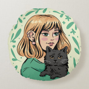 Girl with Black Cat Illustration Round Cushion