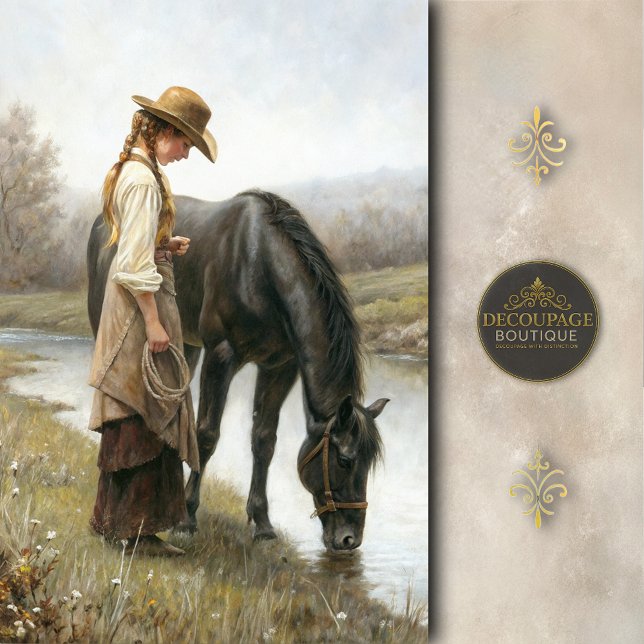 Girl With Black Horse By Stream Decoupage Tissue Paper (Girl With Black Horse By Stream Decoupage Tissue Paper)