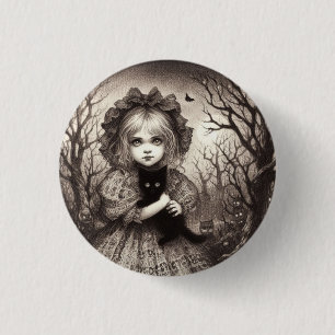 Girl with Black Kitten Spooky Retro Halloween 3 Cm Round Badge