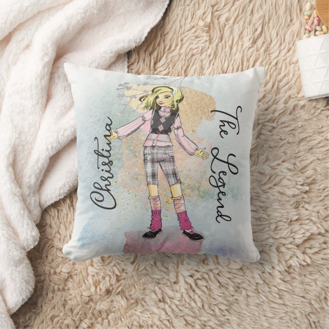 Girl With Blonde Hair Gold Name Text Cushion (Blanket)