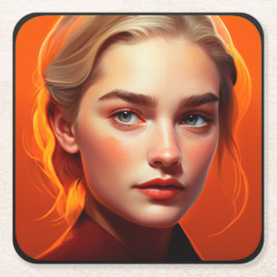 Girl with blue eyes square paper coaster