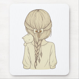Girl with Braid and Cat Illustration – Soft Pastel Mouse Pad