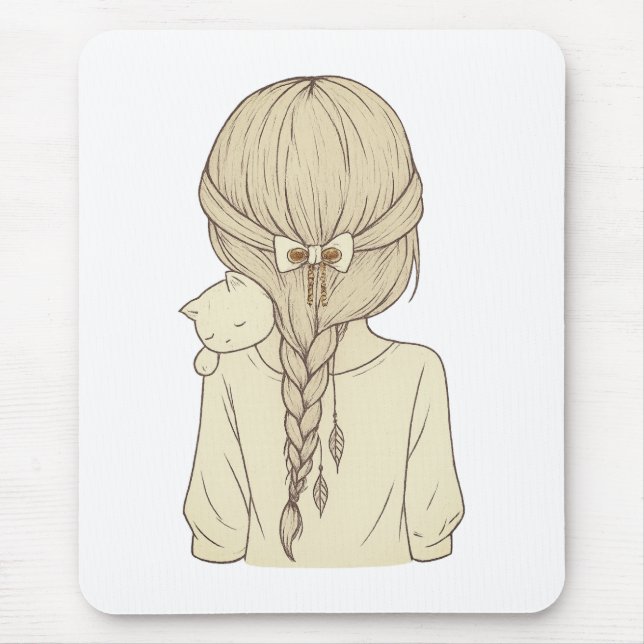 Girl with Braid and Cat Illustration – Soft Pastel Mouse Pad (Front)