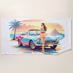 Girl with car and dream nature beach towel