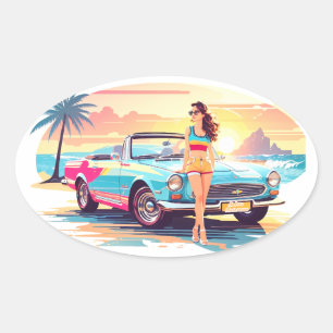 Girl with car and dream nature oval sticker