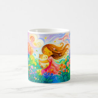 Girl with cat in breezy summer garden coffee mug