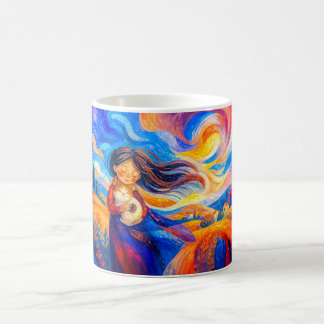 Girl with cat in flowing windy colours coffee mug