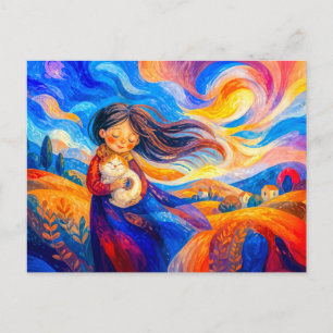 Girl with cat in flowing windy colours postcard