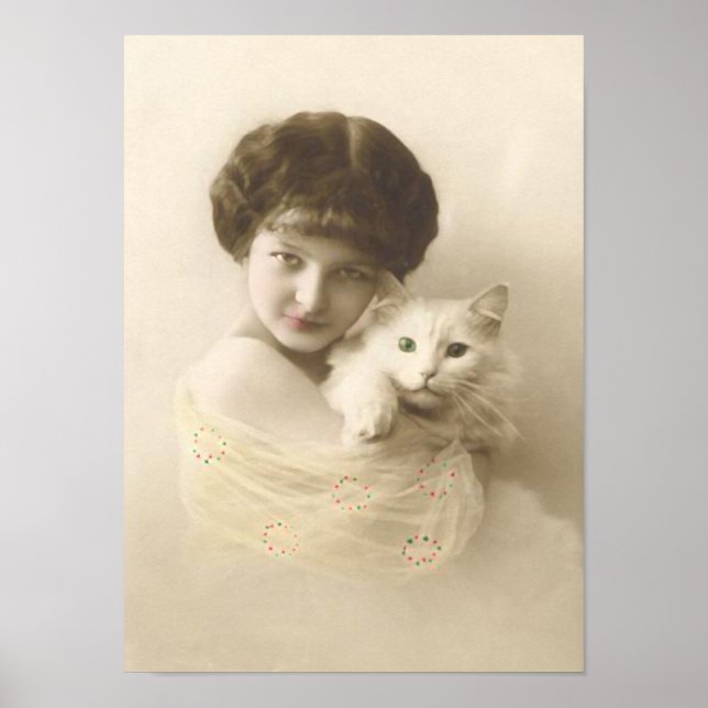 Girl With Cat Vintage Fine Art Poster (Front)