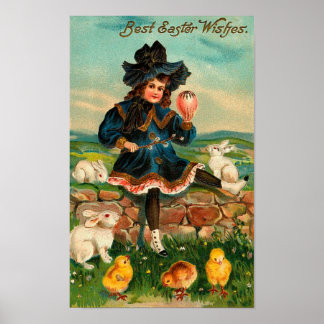 Girl with Chicks & Rabbits Vintage Easter Poster