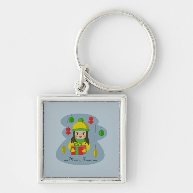 Girl with Christmas gift box  Key Ring (Front)