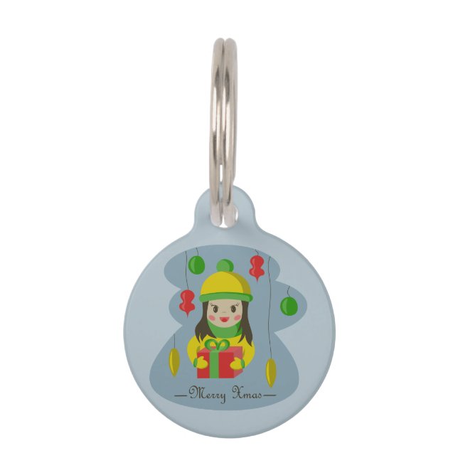 Girl with Christmas gift box  Pet Tag (Front)