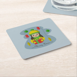 Girl with Christmas gift box  Square Paper Coaster