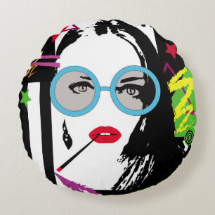 Girl with cigarette and sunglasess colourful pop a round cushion