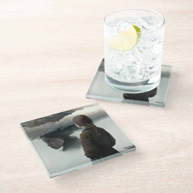 Girl with clouds glass coaster (Angled)