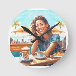 Girl with coffee break round clock