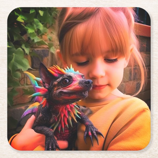 Girl with Creature Square Paper Coaster (Front)