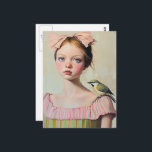 Girl with Cute Bird on Her Shoulder Postcard<br><div class="desc">A whimsical cute bird stands in her shoulder oil painting style AI generated art</div>