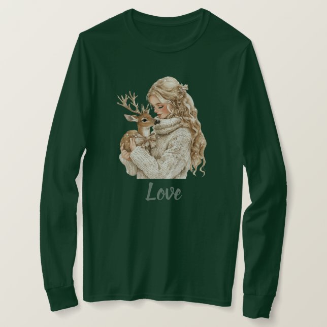 Girl with Deer Christmas T-Shirt (Design Front)