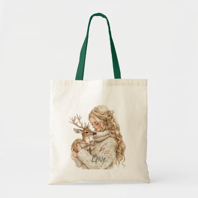 Girl with Deer Christmas Tote Bag (Front)