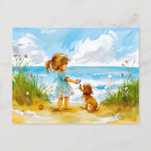 Girl with dog playing at beach watercolor holiday postcard